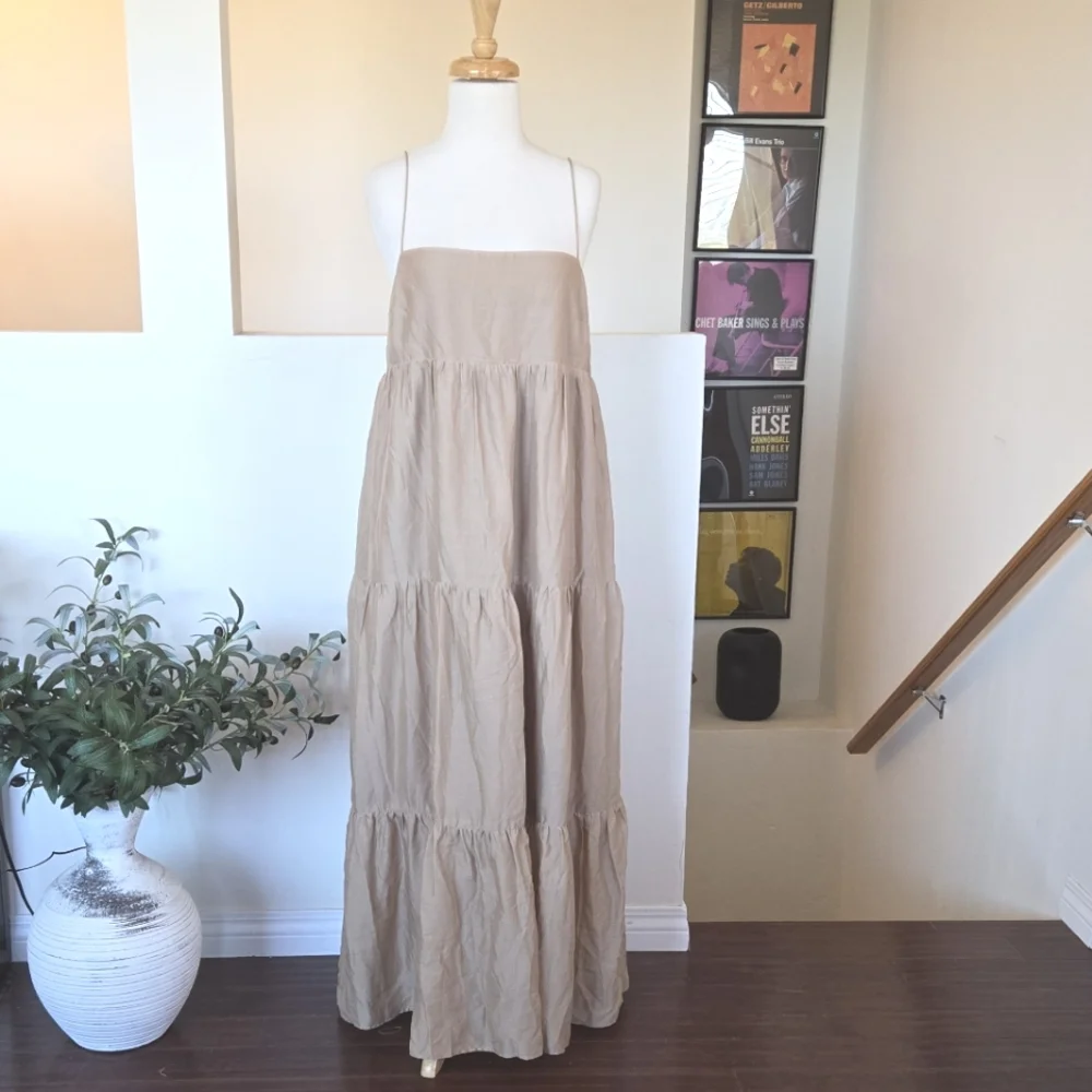 REVOLVE L' Academie Kiyama Maxi Dress Size Large Tan Oat Pockets Linen Blend - Picture 4 of 12